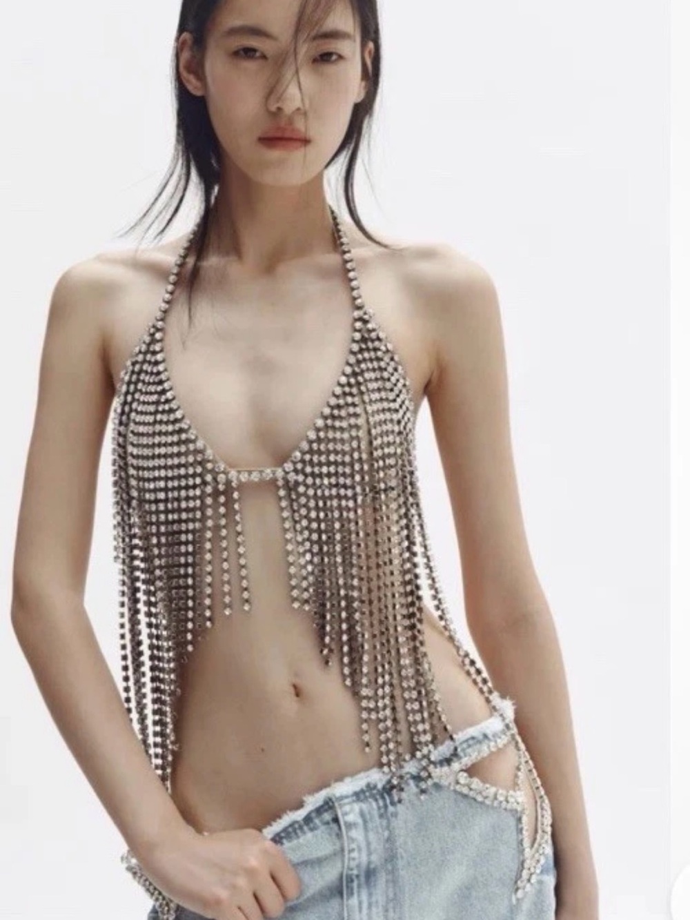 Stella McCartney Silver Rhinestone Fringe Halter Bikini Top